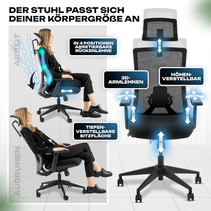 VALKENSTOL M3 Pro Ergonomischer Bürostuhl 150 kg Schwarz – [Höhenverstellbare Lordosenstütze] Schrei