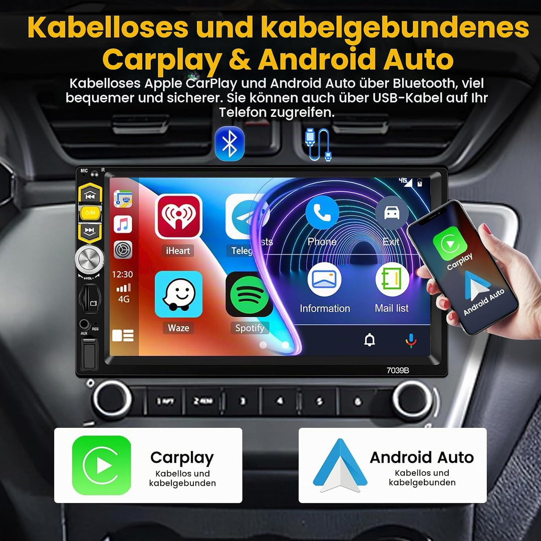 Hikity Autoradio 1 Din mit Wireless CarPlay &amp; Wireless Android Auto, 7 Zoll Auto Radio Touch Display