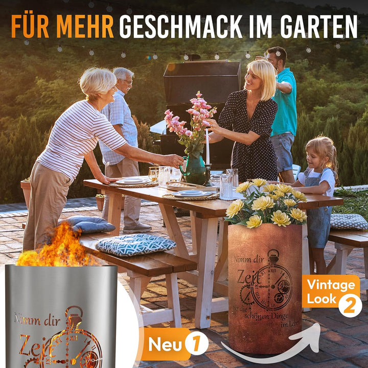 Feuertonne Feuerkorb mit Zeit Motiv - Nimm dir Zeit für die schönen Dinge im Leben - Gartenfeuer Lag