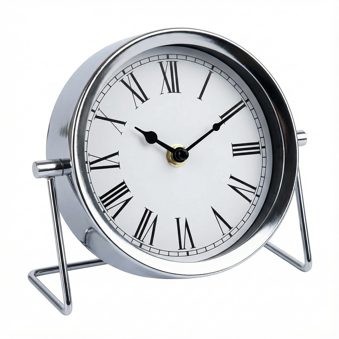 MIJOMA Retro Tischuhr Metall Silber – Vintage Design Uhr mit römischen Ziffern – Batteriebetriebene