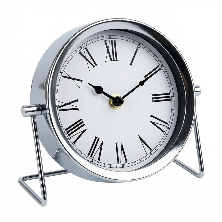 MIJOMA Retro Tischuhr Metall Silber – Vintage Design Uhr mit römischen Ziffern – Batteriebetriebene