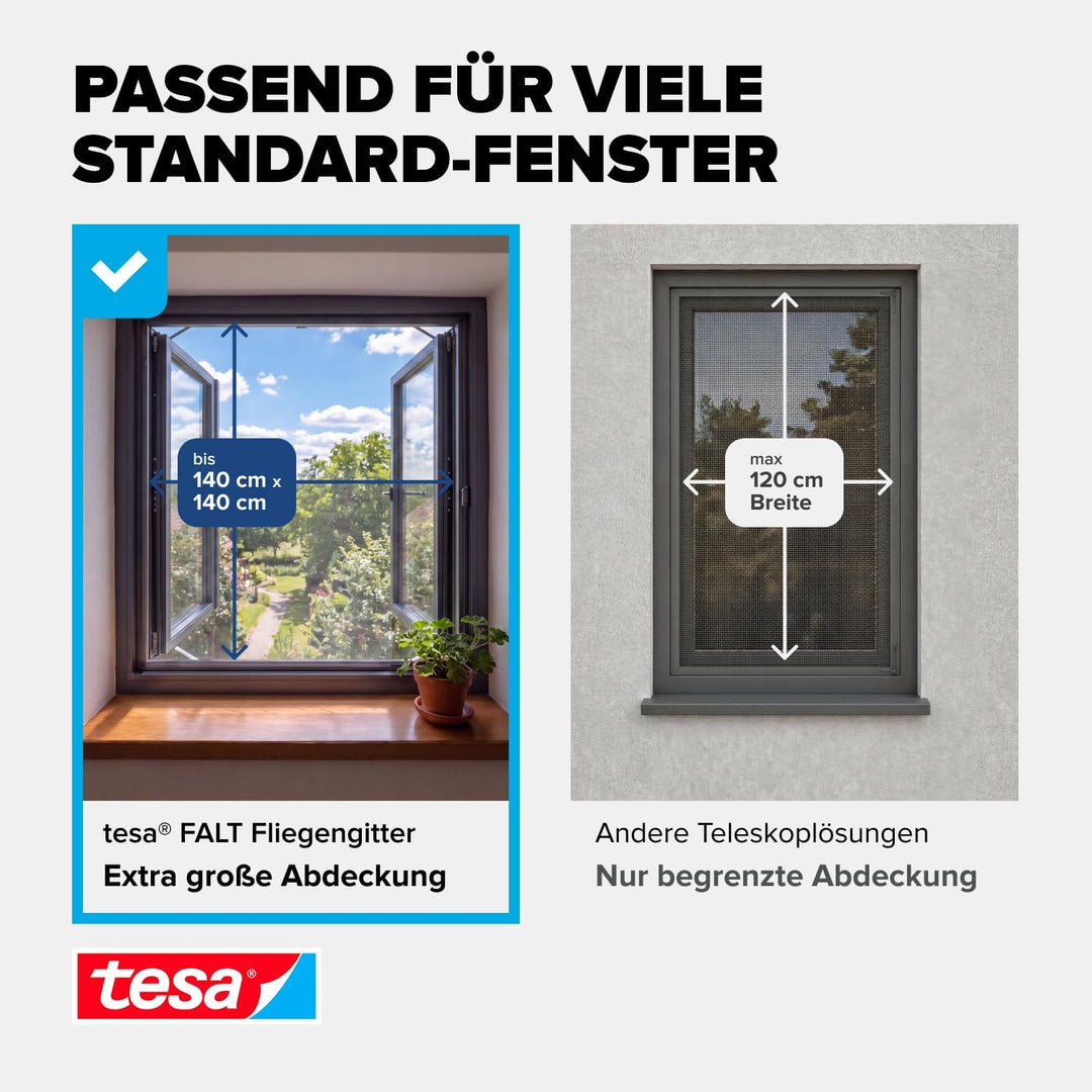 tesa Insect Stop FALT Fenster - Faltbarer Alu-Rahmen - Fliegengitter mit verstellbarem Teleskoprahme