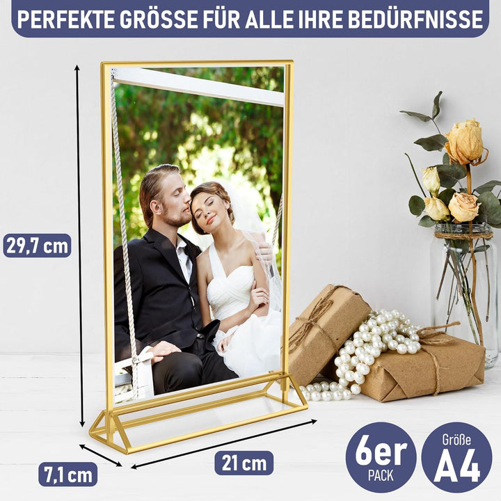 Goldener doppelseitiger Bilderrahmen - 6er-Pack - A4 Acryl Gold Tischkartenhalter, Aufsteller im Sta