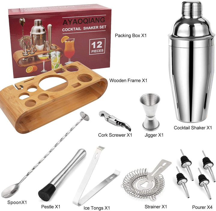 Cocktail Set, Edelstahl Cocktail Shaker Bar Set, 12 Stück Cocktailmixer Set mit Holzständer, Messbec