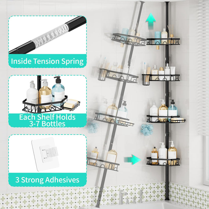 HapiRm Teleskopstange Duscheckregal Teleskop - Teleskopregal, 70-276cm | 4 Tier rostfrei Teleskop Ba