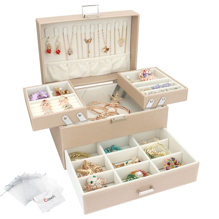 Schmuckkasten, Schmuckkästchen mit Schubladen für Damen Mädchen, PU-Leder Jewelry Box Schmuckbox Sch