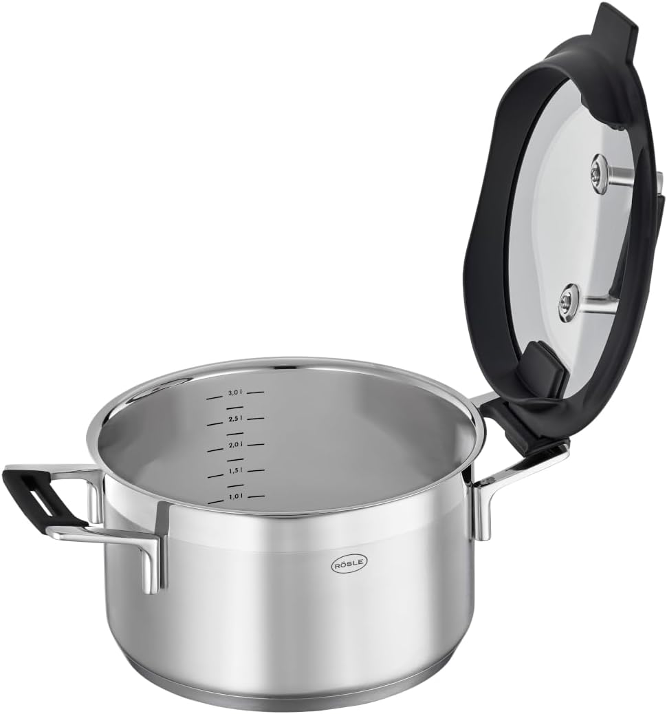 RÖSLE SILENCE PRO Kochtopf, Hochwertiger Universaltopf aus Edelstahl 18/10, 24 cm, Glasdeckel, Innen