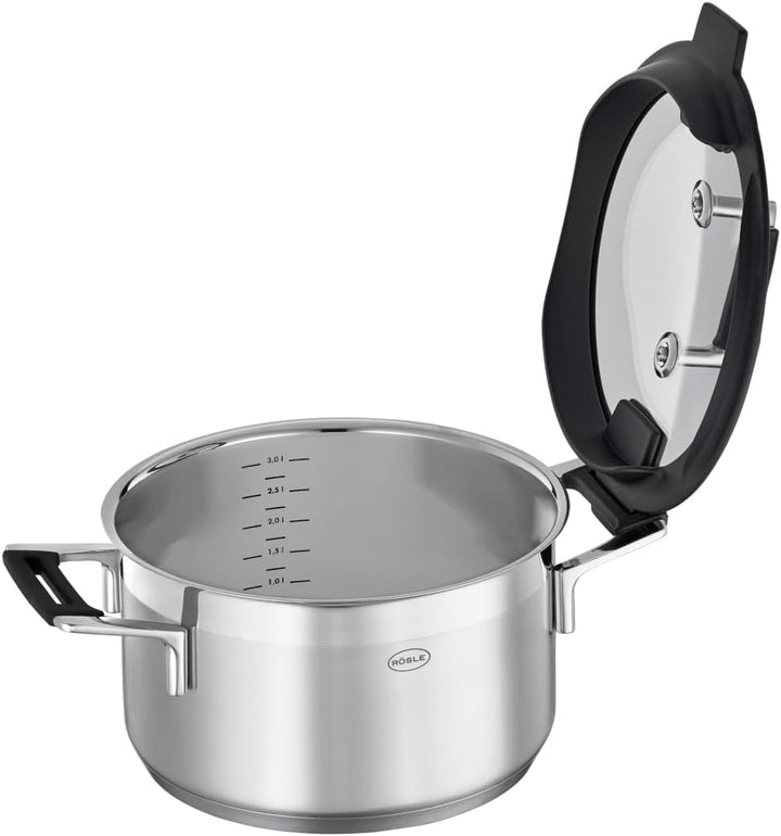 RÖSLE SILENCE PRO Kochtopf, Hochwertiger Universaltopf aus Edelstahl 18/10, 24 cm, Glasdeckel, Innen