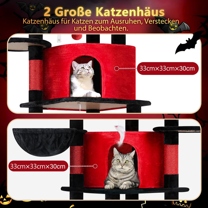 Globlazer Kratzbaum Gotisch Schwarz Rot, Eckkratzbaum Stabil hoch 167 cm mit 2 Sektor Katzenhaus, Ge