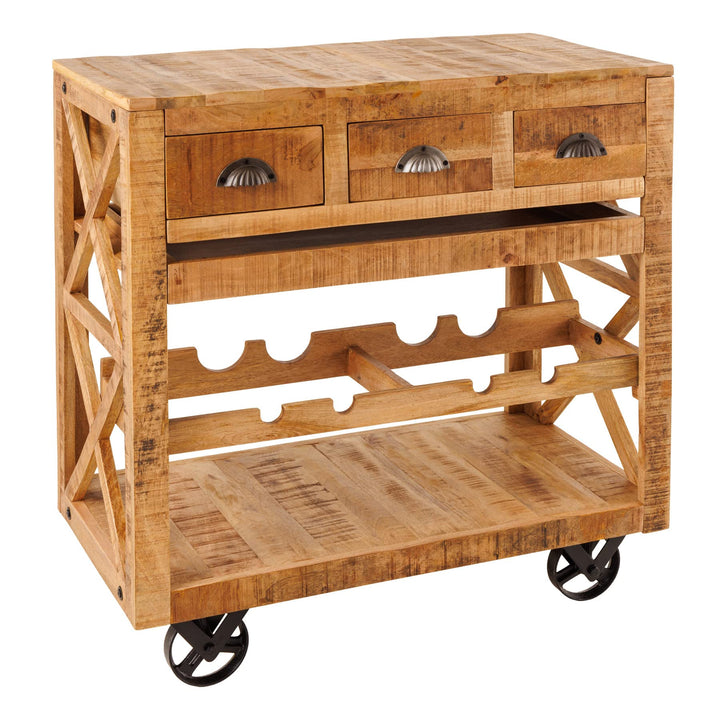 riess-ambiente.de Industrial Barschrank Bodega 86cm Mangoholz Servierwagen mit Weinregal