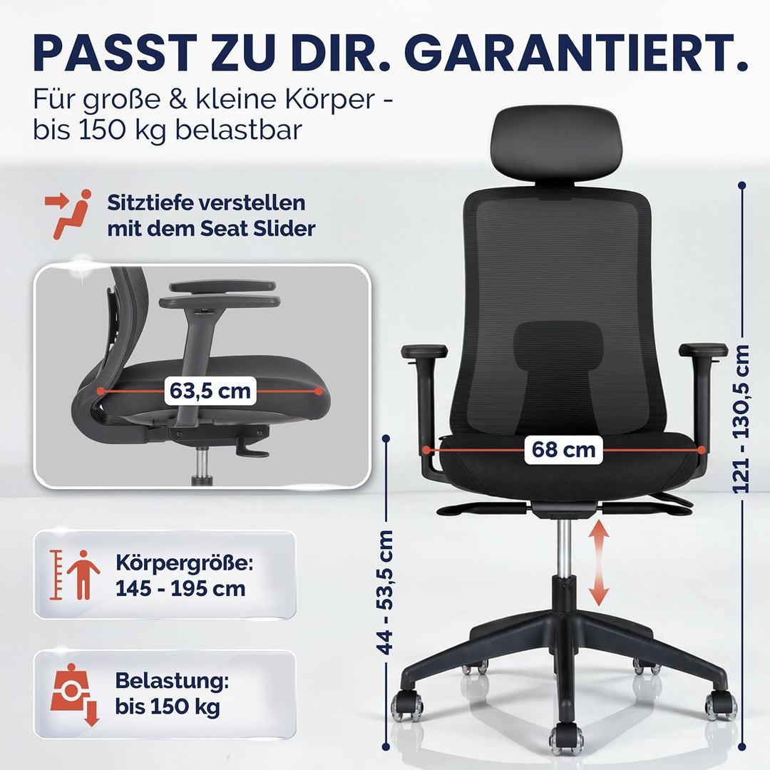 SCHEKKA® Bürostuhl Ergonomisch Testsieger - Besonders individuell Einstellbarer Schreibtischstuhl mi