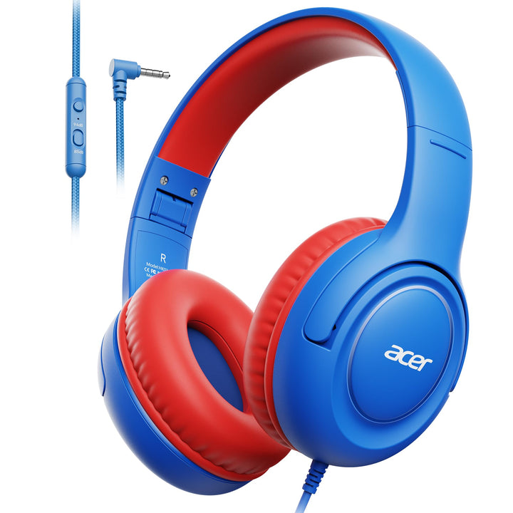 Acer Kopfhörer Kinder mit 3,5 mm Kabel, 85/94dB Lautstärkebegrenzung Blau Rot, Blau Rot