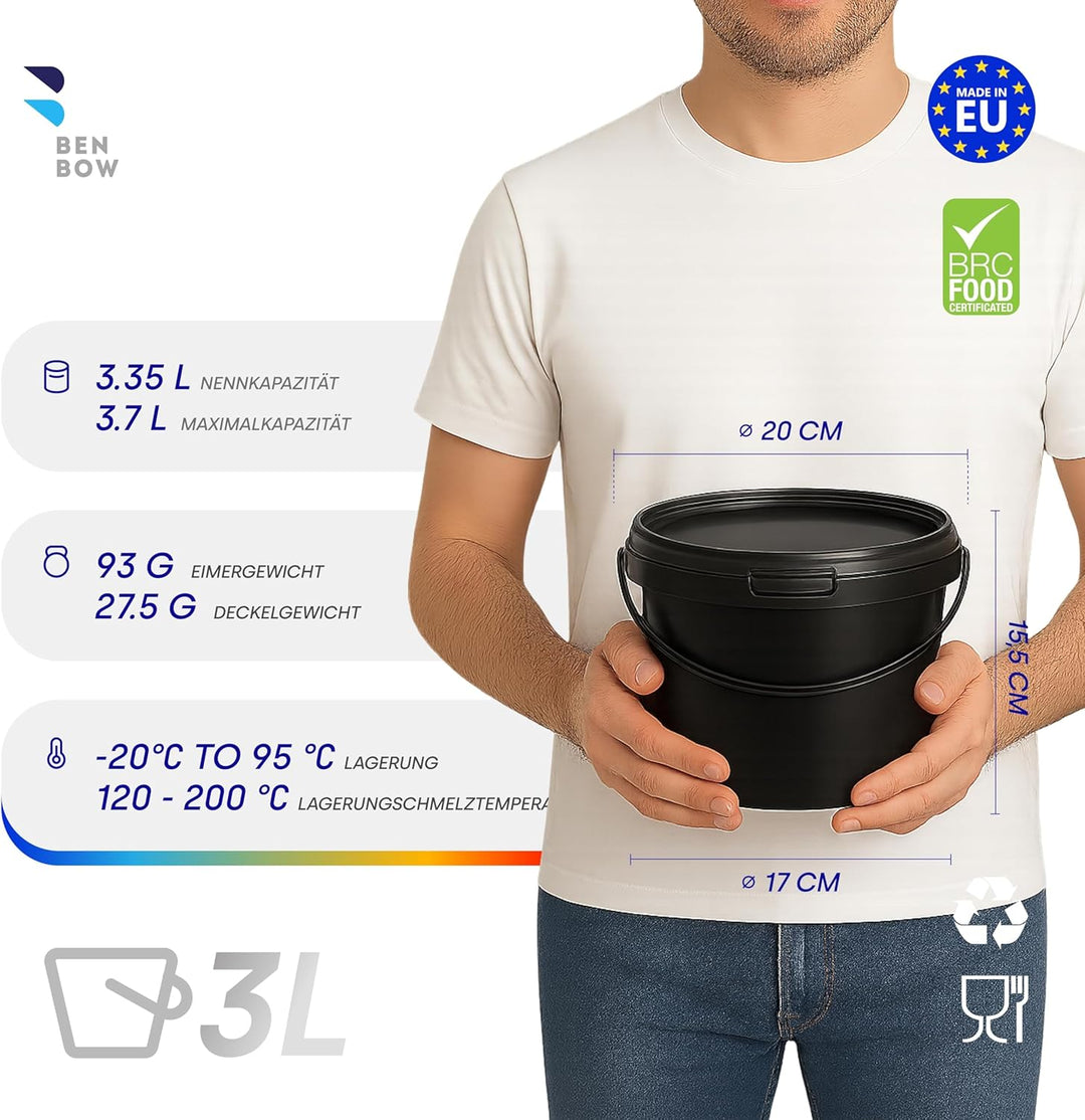 BenBow Eimer mit Deckel 3l schwarz 20x 3 Liter - lebensmittelecht, stabil, luftdicht, auslaufsicher,