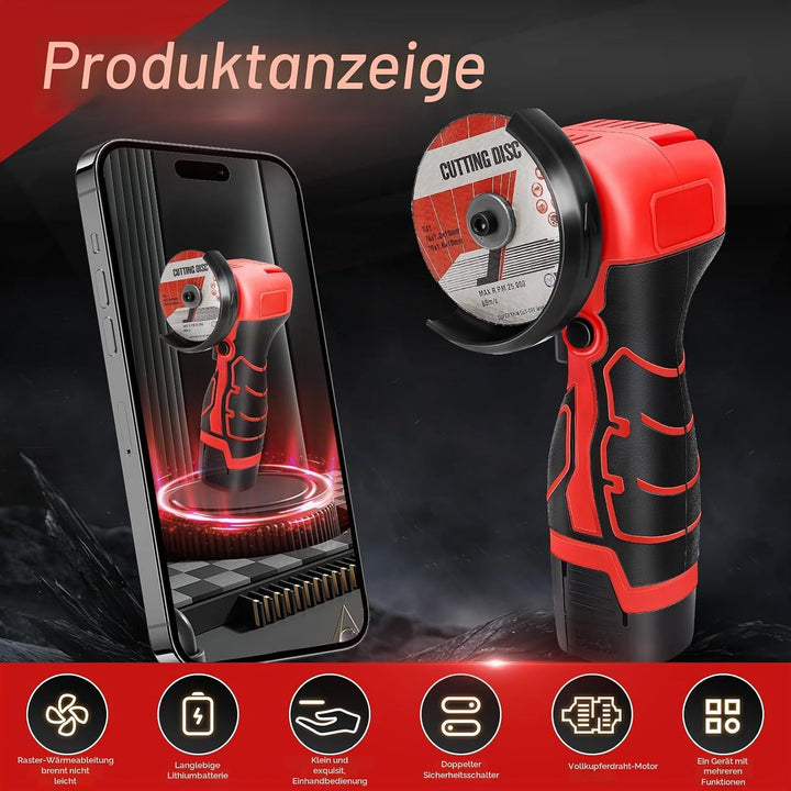 Akku Winkelschleifer, 16.8V Mini Winkelschleifer mit 2 x Batterien 2000mah, 76MM, 28000rpm, Mini Akk