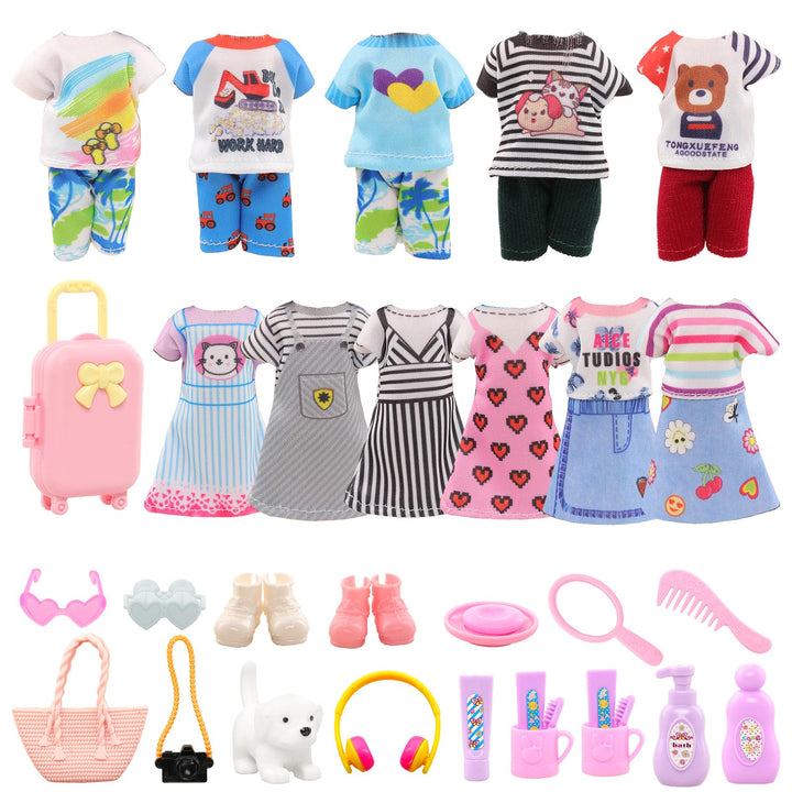 Miunana 29 Kleidung Schuhe Zubehör für 6 Zoll 15 cm Puppen, 1 Koffer 4 Kleider 2 Oberteile 2 Hose 2