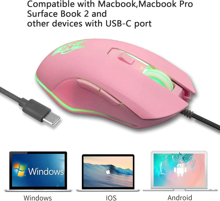 IULONEE Kabelgebundene Gaming-Maus USB C geräuscharmes Klicken 7 Farben Hintergrundbeleuchtung optis