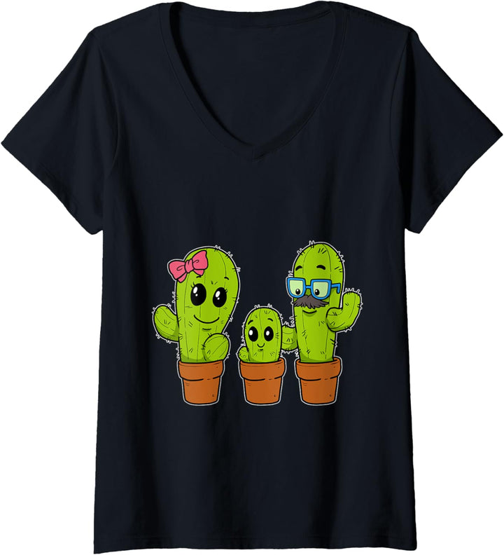 Damen Lustige Kaktus Familie Kakteen Pflanzen Vater Mutter Kind T-Shirt mit V-Ausschnitt