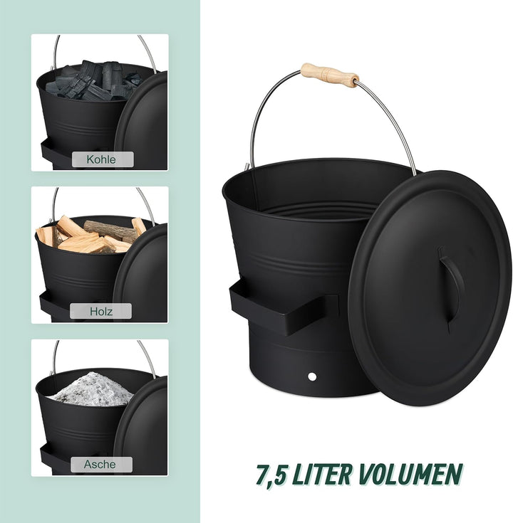 Relaxdays Ascheeimer mit Deckel und Kehrset, 7,5 L, inkl. Aschebesen & Kaminschaufel, Aschebehälter