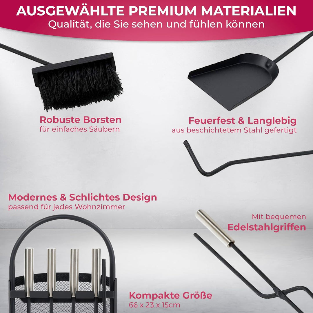 SULENO Kaminbesteck BELFAST 5-teilig Kamingarnitur mit Ascheschaufel Besen Schürhaken, Kaminset & Ha