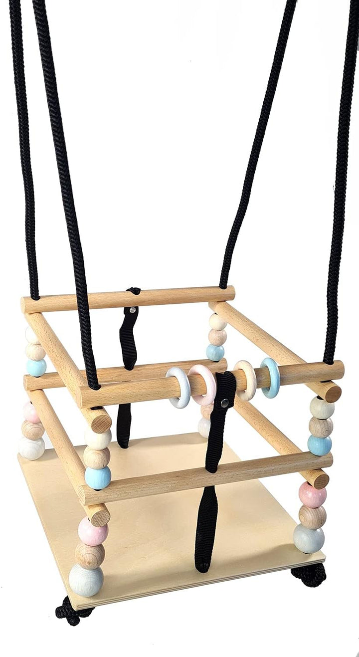 Hess Holzspielzeug 20005 - Gitter-Schaukel aus Holz mit Sprossen, bunten Perlen und Ringen, Nature S
