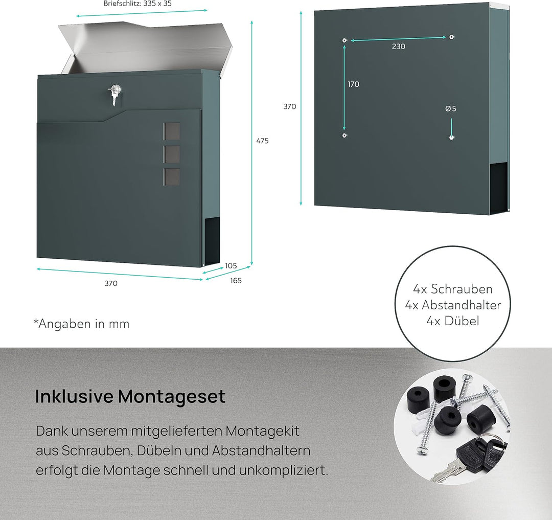 Zalafino Briefkasten mit Name und Hausnummer in anthrazit – individualisierbarer Design-Briefkasten