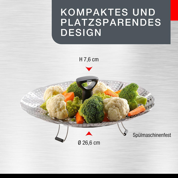 GEFU Dünsteinsatz VITALA | Faltbare Edelstahl-Dünstschale Ø 18–27 cm | Mit Teleskopgriff &amp; Silikonfü