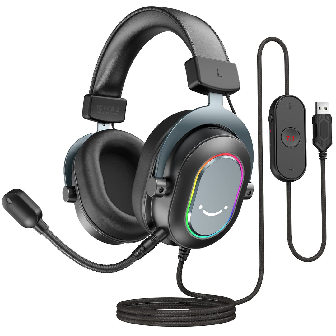 Fifine Gaming Headset mit Mikrofon, Over Ear Kopfhörer mit Kabel, USB Headset für PC PS4 PS5, RGB He