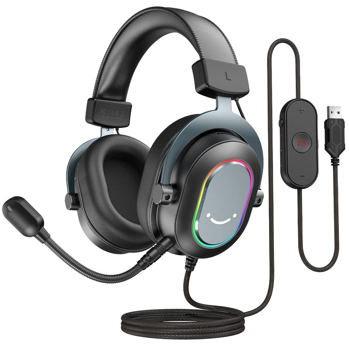 Fifine Gaming Headset mit Mikrofon, Over Ear Kopfhörer mit Kabel, USB Headset für PC PS4 PS5, RGB He