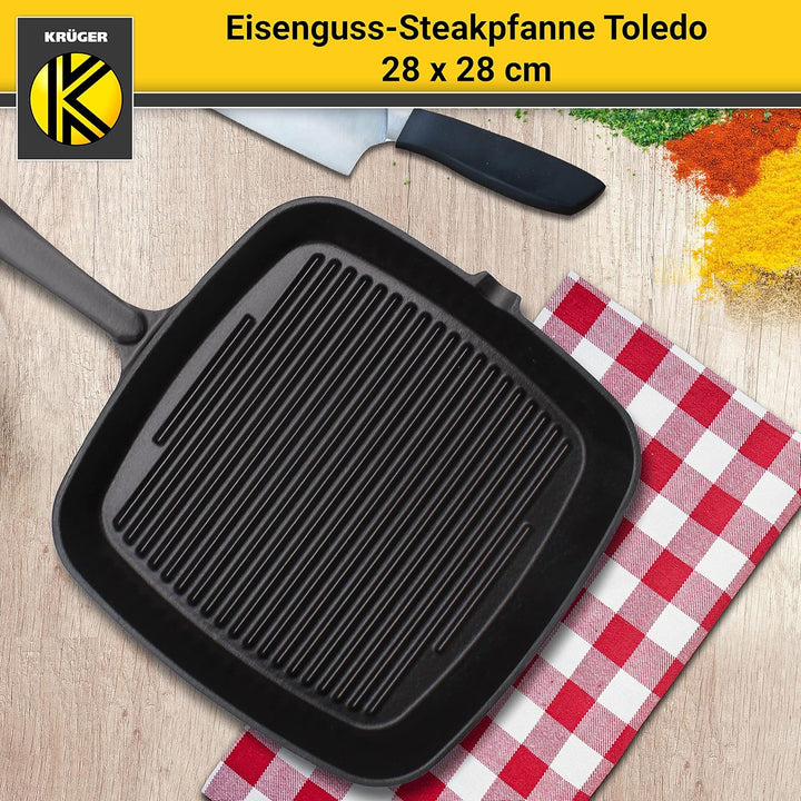 KRÜGER Gusseisen-Grillpfanne Toledo mit Ausgiesser - 28 x 28 cm - emailliert - hohe Hitzebeständigke