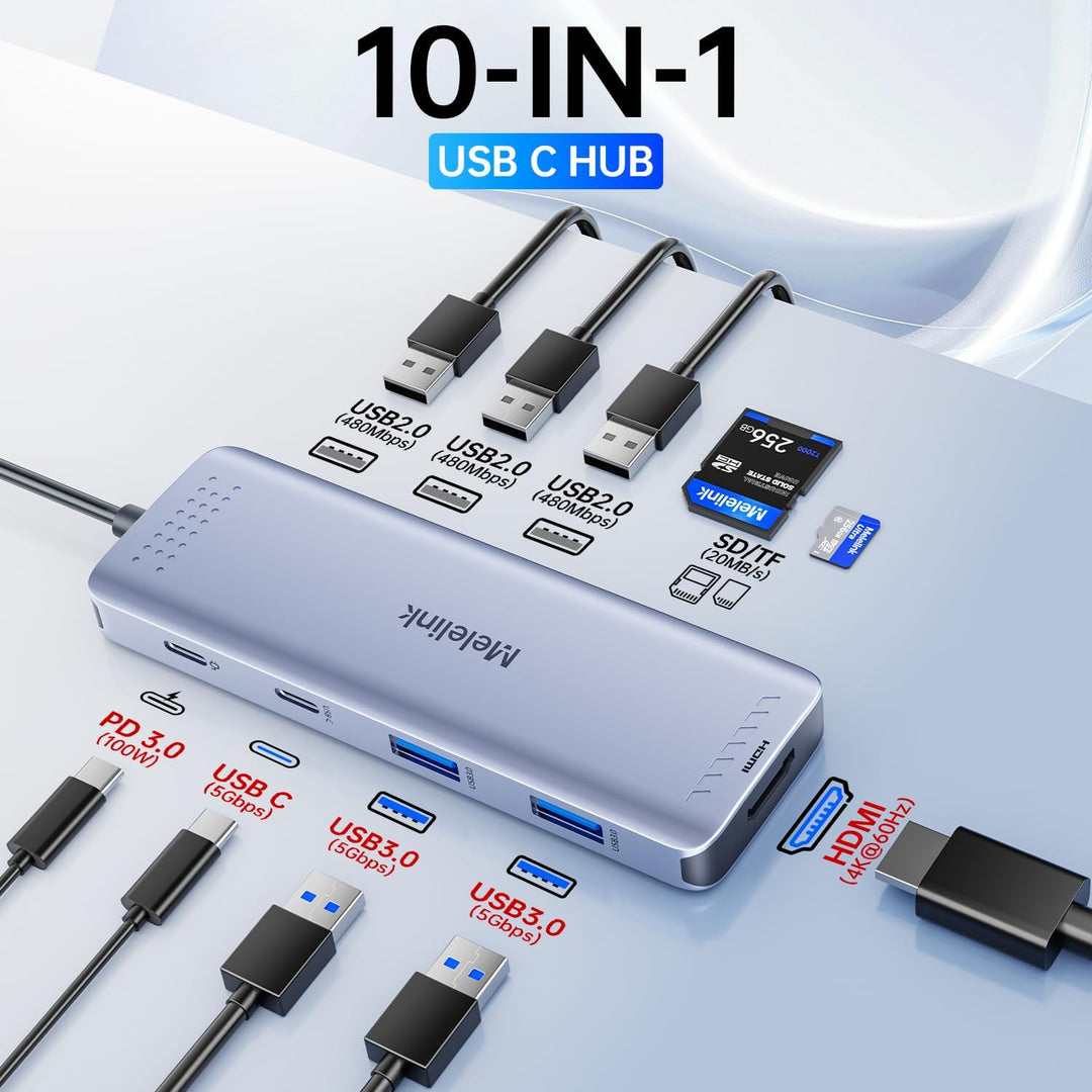 USB C Hub für MacBook, USB-C Adapter Multiport 10 in 1 mit 4K 60Hz HDMI, 100W PD, SD/microSD Kartenl