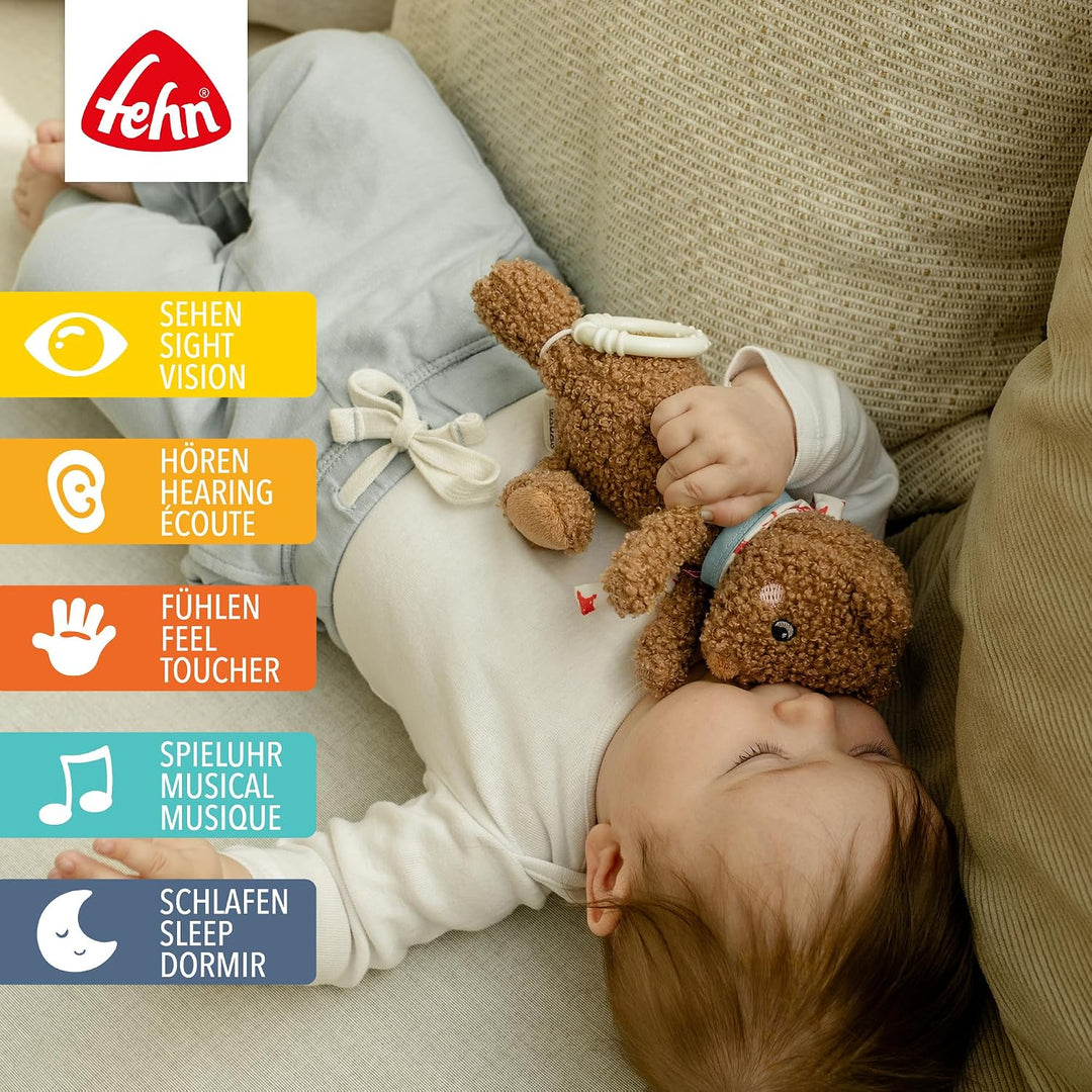 Fehn Mini-Spieluhr Bär Fred – Kuscheltier und Einschlafhilfe – Aufzieh-Spieluhr mit Melodie Brahms W