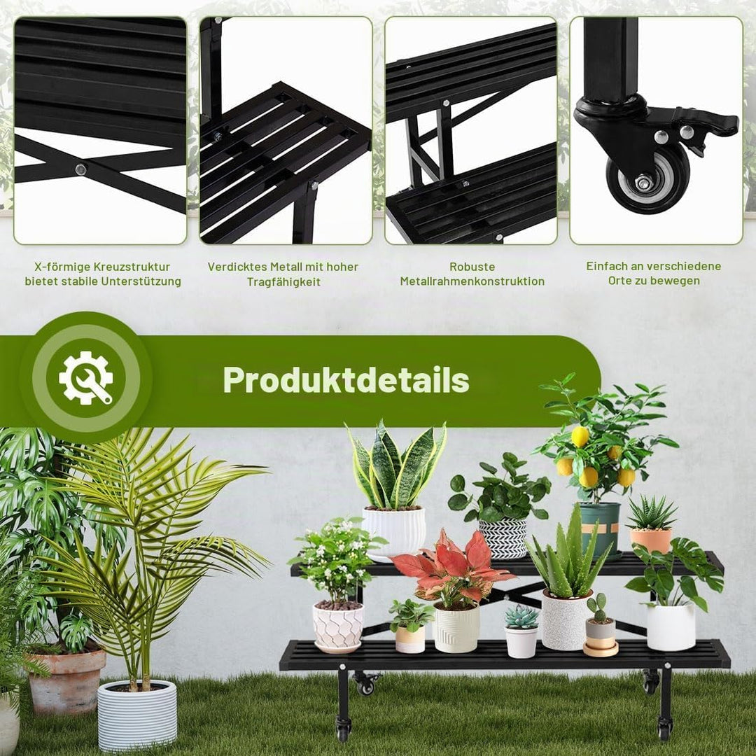 CStern Blumenregal mit Rollen,Metall Blumenständer,2 Etagen Blumentreppe,Schwarz Pflanzenregal,Pflan
