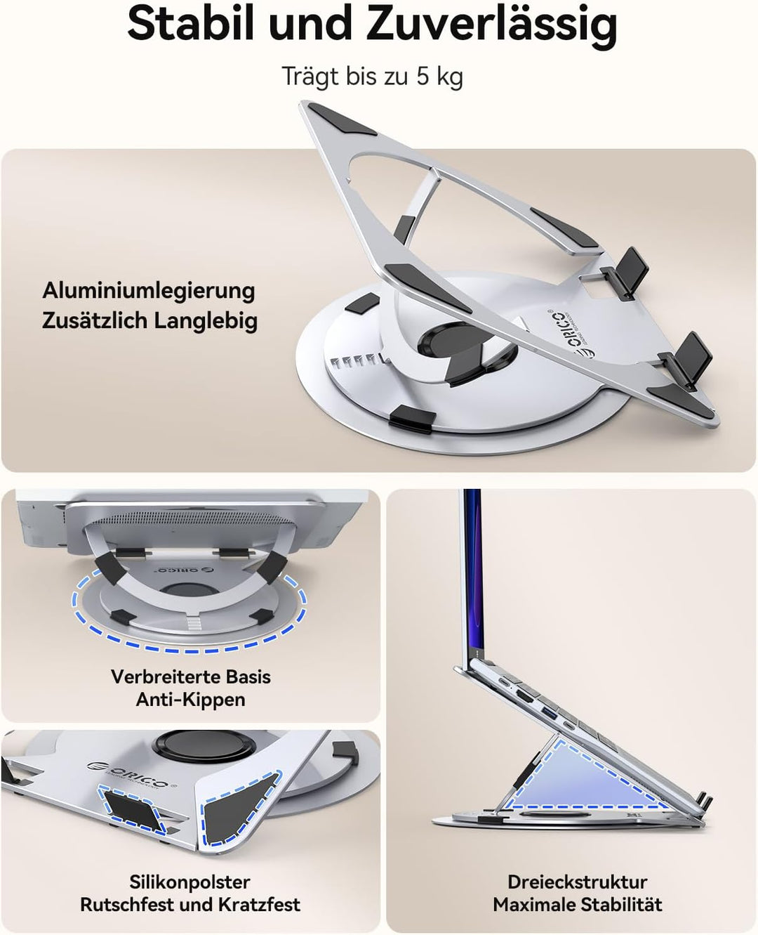 ORICO Laptop Ständer Höhenverstellbarer, Belüfteter Aluminium Laptop Stand mit 360° Drehbasis, Ergon