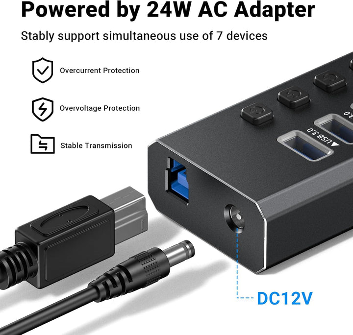 USB-3.0-Hub-betrieben, Aluminium, 7 USB-Ports, SuperSpeed-Daten-Hub mit 12 V/2 A Netzteil und indivi