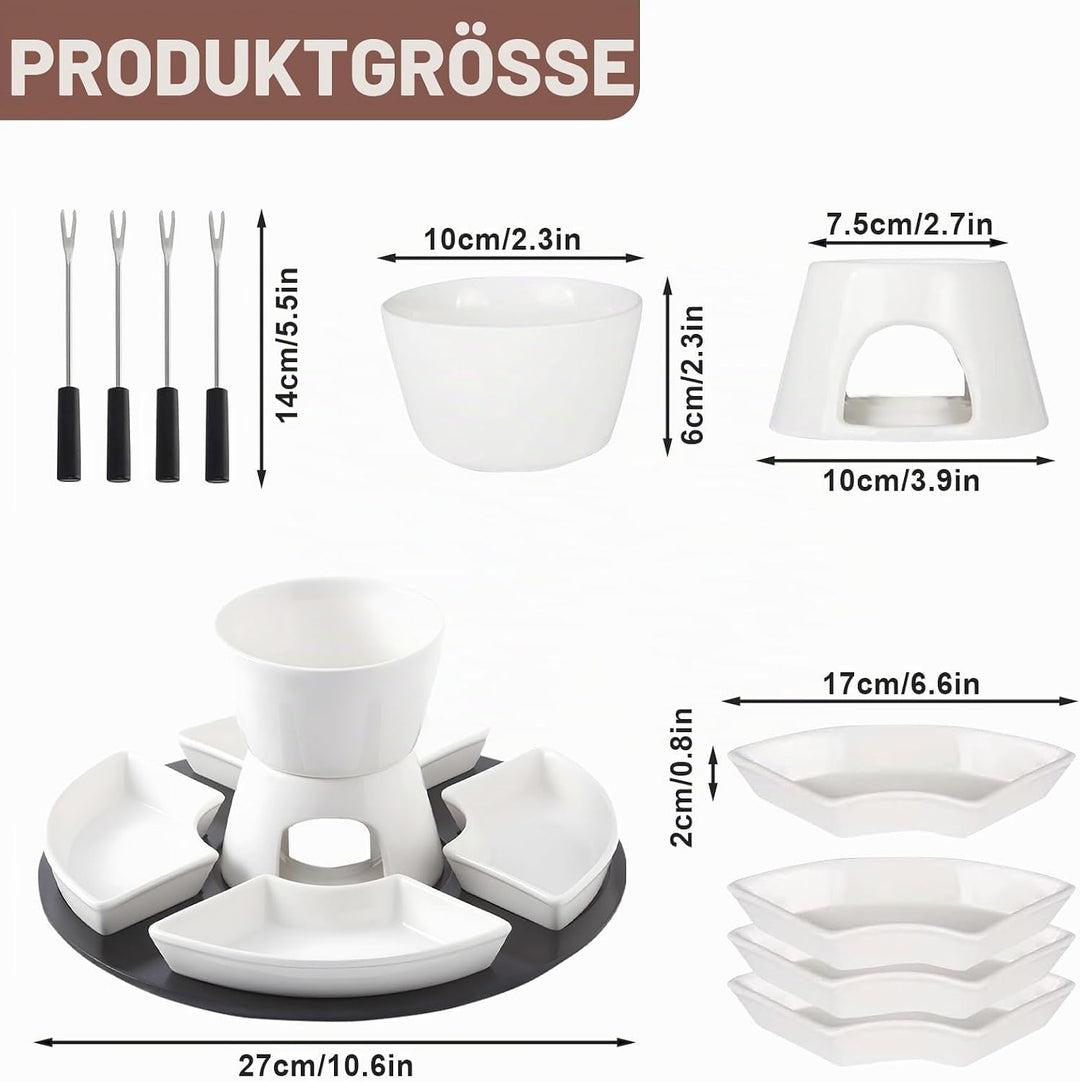Keramik Schokofondue Set, Schokoladenfondue mit Holzpalette 4 Gabeln 4 Tellern, Käsefondue, Schoko F