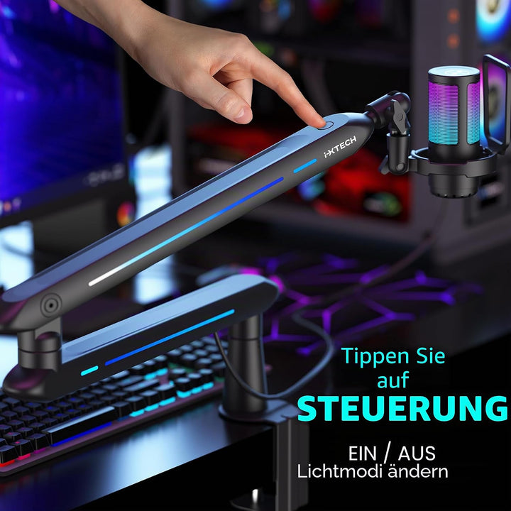 IXTECH RGB Low Profile Galgenarm für Mikrofon, verstellbarer Mikrofonarmständer mit Tischhalterungsk