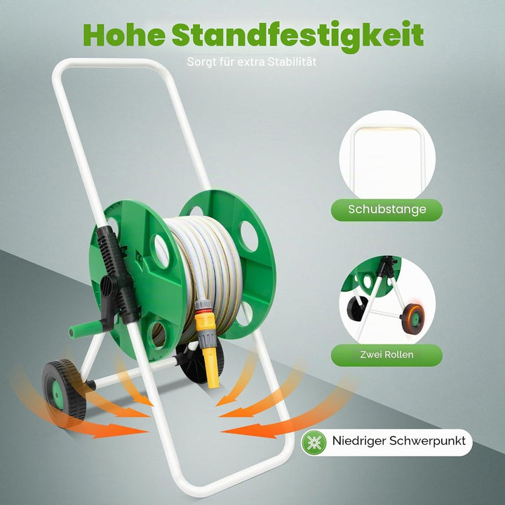 1/2 Zoll Schlauchwagen bis zu 50m, Gartenschlauch mit 2 Räder, Handwippe, Wasserschlauch für Garten