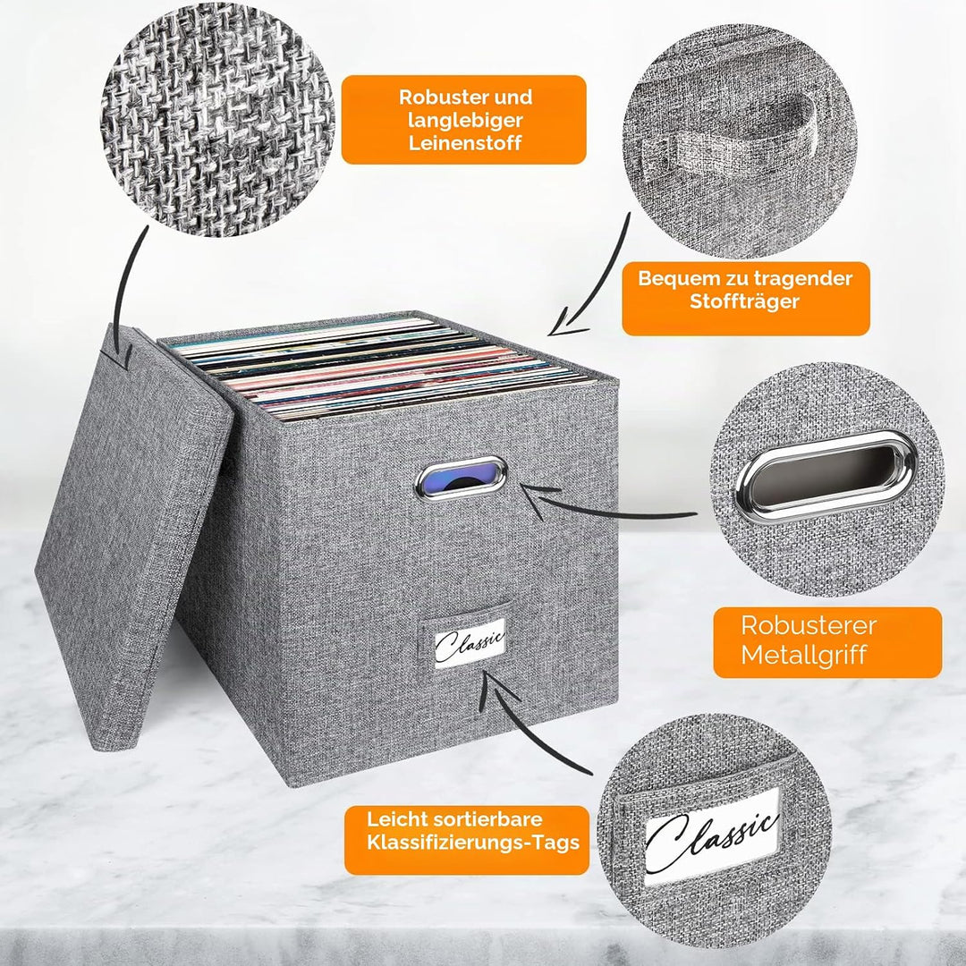 Vinyl-Schallplatten-Aufbewahrungsbox für 50+ einzelne LPs (30,5 cm), stapelbare Alben, Leinenkiste m