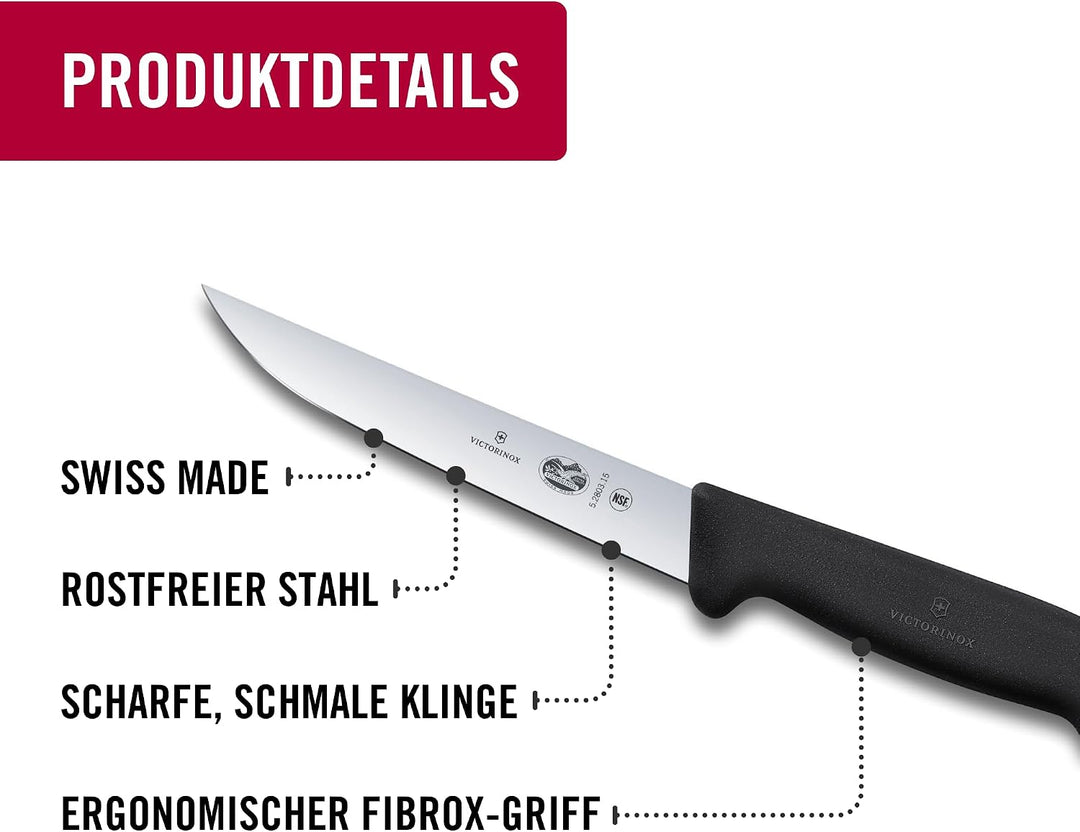 Victorinox Fibrox Tranchiermesser, Scharfes Küchenmesser für Fleisch und Geflügel, 15 cm, Gerade Kli