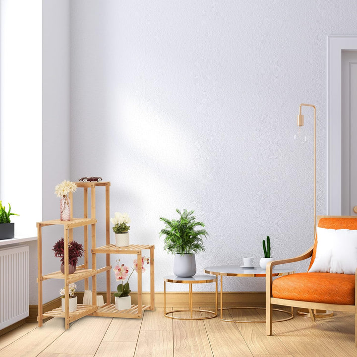 Relaxdays Pflanzenregal Bambus, 6 Ablagen, Pflanzen Eckregal für innen, HBT: 101x62x62 cm, Blumenreg