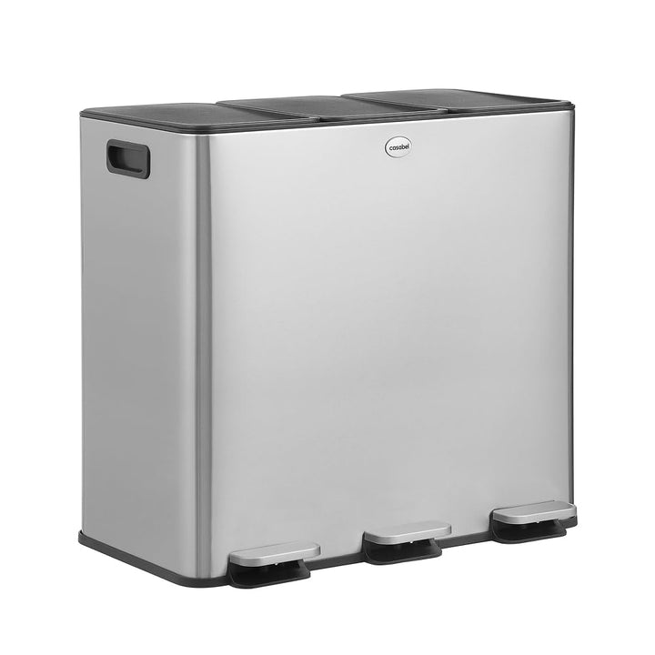 CASABEL Mülleimer Küche 60 L - Mülltrennsystem 3 x 20 L aus Rostfreiem Edelstahl, Rechteckiger Recyc