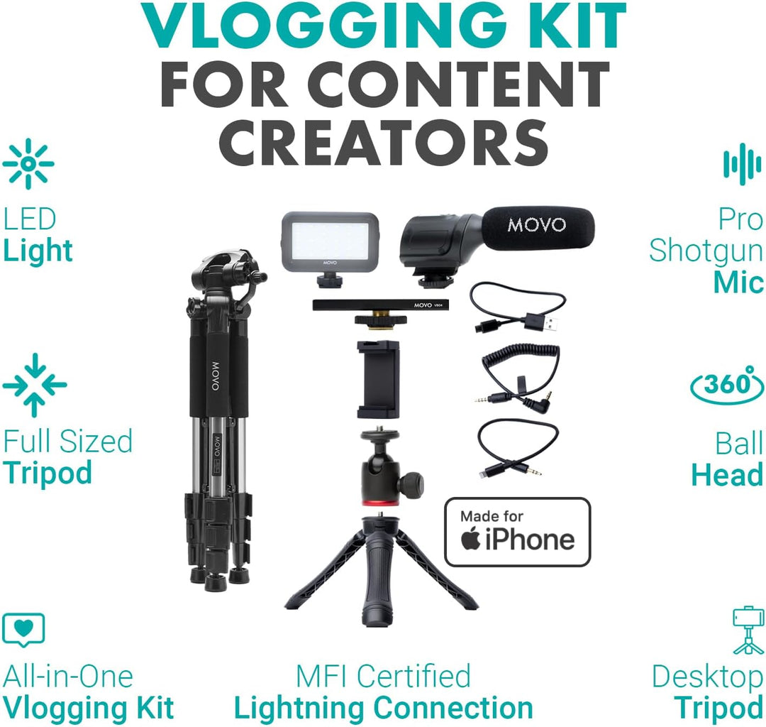 Movo iVlogger iPhone,Android Kompatibles Vlogging Kit mit Stativ in voller Grösse – Handy-Video-Kit