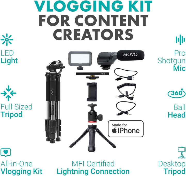 Movo iVlogger iPhone,Android Kompatibles Vlogging Kit mit Stativ in voller Grösse – Handy-Video-Kit