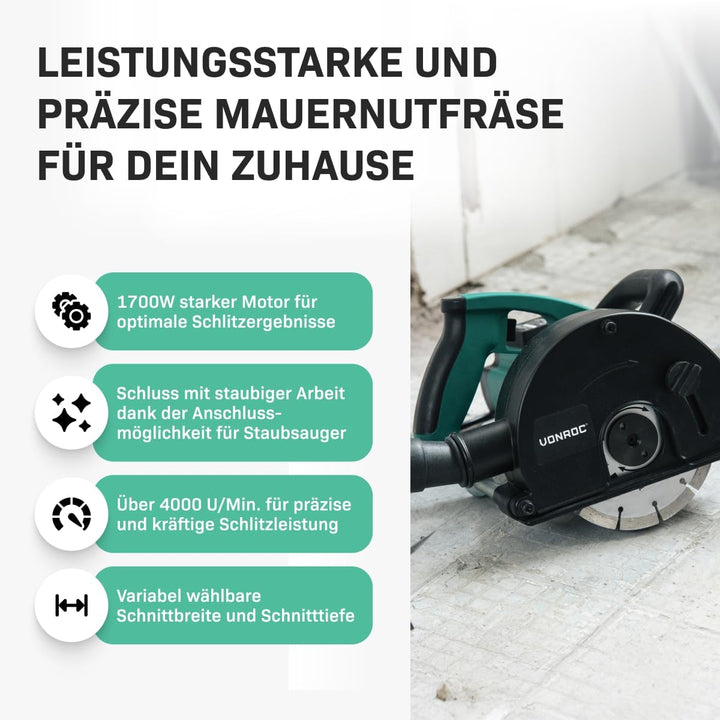 VONROC Mauernutfräse Schlitzfräse mit Absaughaube - Mauerfräse 1700W - Schlitzmaschine für 150mm Kab