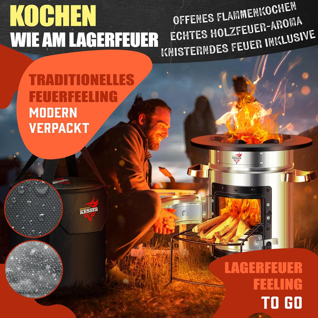 KESSER® Raketenofen mit Grillpfanne aus Gusseisen | inkl. Grillzange & Tragetasche | Dutch Oven 6 in
