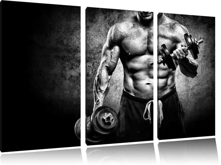 Pixxprint Monocrome, Starker Bodybuilder mit Hantel 3-Teiler Leinwandbild 120x80 Bild auf Leinwand