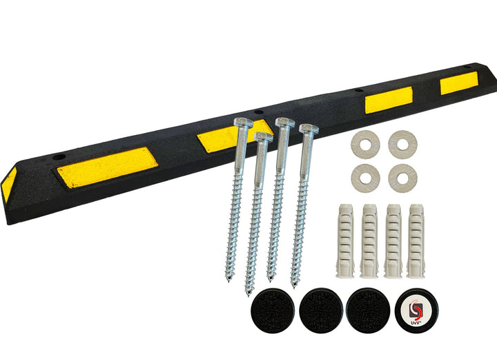 UvV HPK20 Parkstopper, Radstopp schwarz, gelbe Reflektoren -180 cm Lange Gummi Parkplatzbegrenzer in