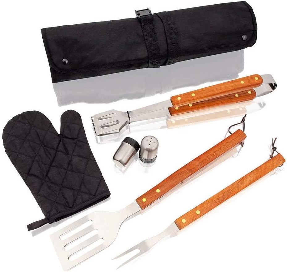 Profi Grillset mit Schürze und 7 Grillutensilien aus Edelstahl Barbecue Set mit Handschuh Pfannenwen