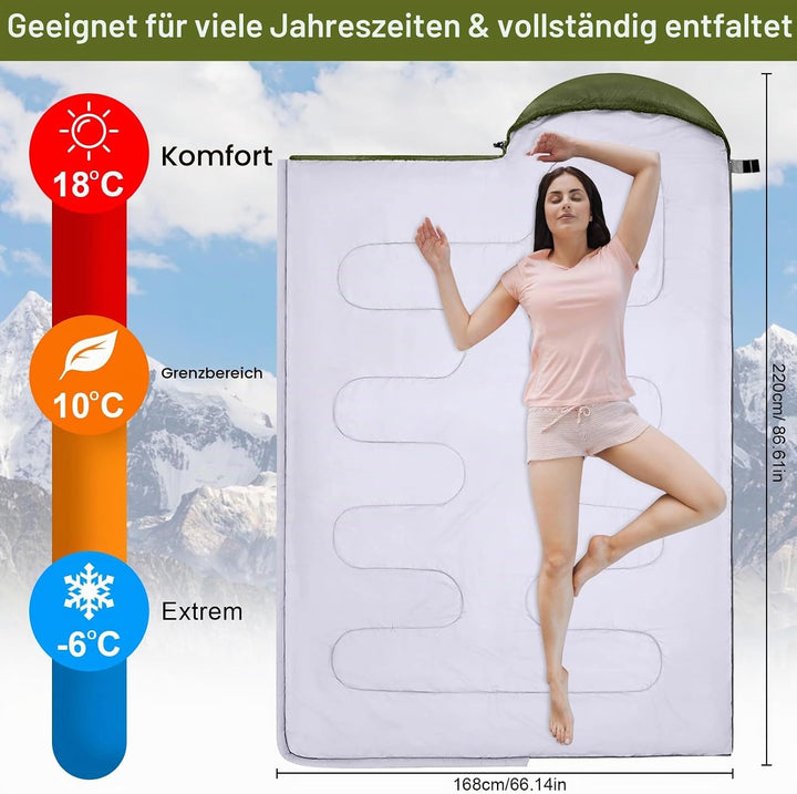 Grüner 220x85cm Wasserdichter Schlafsack mit Kompressionsbeutel, 3 Jahreszeiten Schlafsack 1.6kg, Tr