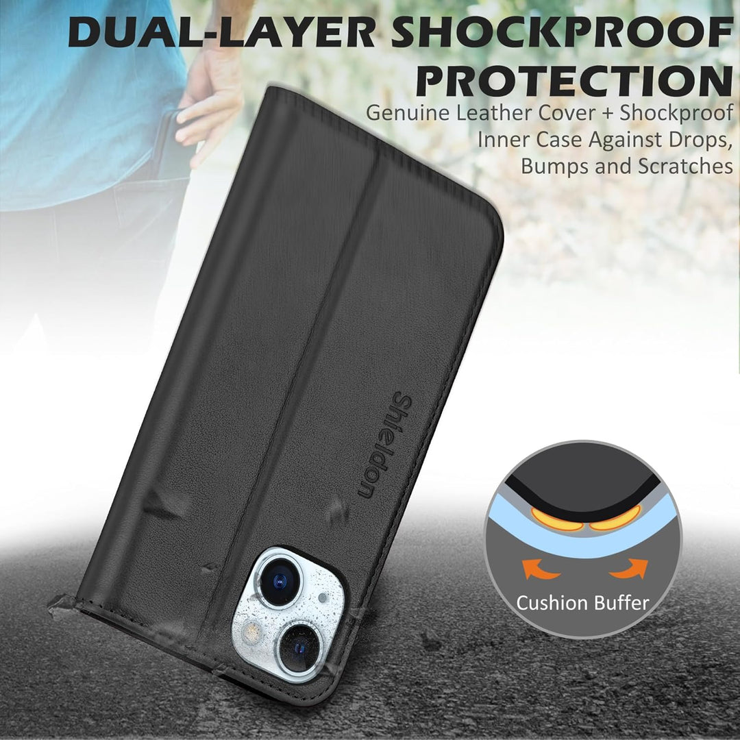 SHIELDON Hülle für iPhone 15 5G, Stossfest Handyhülle [Echtleder] [Kartenfach] [Magnet] [Standfunkti